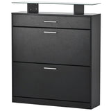 ON-TREND Slim Entryway Organizer with 2 Flip Drawers, Tempered Glass Top Shoe WF303589AAB