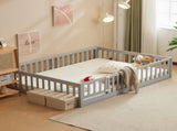Gray painted pine wood playpen bed with door and board, full-size children's wooden bed 45176217