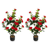 2 PCS 38 Inch Artificial Camellia Tree Faux Flower Plant in Cement 28367252