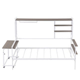 ZUN Twin size Metal Daybed with Movable Desk, Metal Grid, Shelves and Clothes Hanger, White N737P199195K