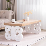 Ornate Coffee Table 47" Rectangular Farmhouse Style Table with White Carved Base and Natural W2729P298232