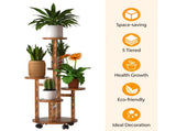 5 Tier Plant Stand with 4 Detachable Wheels Wooden Plant Pot Rolling Shelf Plant Display Rack for 84603428