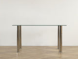 4-seat simple rectangular cylindrical leg table tempered glass stainless steel 70563160