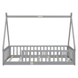 Twin Tent-shaped Floor Bed, Teepee Bed with Guardrails, Slats,Grey W504119495