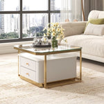 ZUN Modern 2 Pieces White Square Nesting Coffee Table with Drawers & Electroplated gold legs in 27.6'' 41155237
