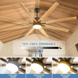 ZUN 76 Inch Indoor Ceiling Fan With Dimmable 3 Color Led Light 8 Solid Wood Blades Remote Control W882P147261