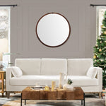 ZUN Hausen 31.5" Mid-Century Modern Round Accent Wall Mirror, Brown Walnut Wood & Veneer B2719P246002