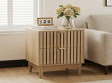 Mid-Modern Style Oak Bedside Table with Grille Design and Two Drawers. Suitable for bedrooms, W1706P465265
