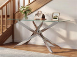 45 Inch Tempered Glass Entryway Table, Silver Chrome Metal Console Table with Adjustable Feet for 25236495
