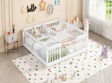 Double Twin Floor Bed with Fence, Guardrails, without door, White 37744042