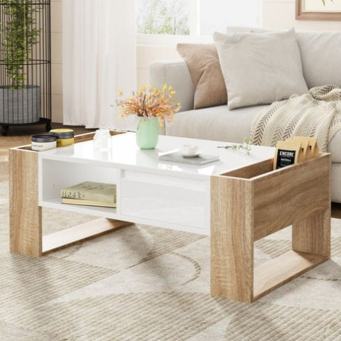 ZUN ON-TREND High Glossy Coffee Table with 2 Drawers, Practical Two Tone Center Table with Hidden N721P205792K