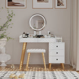 ZUN Dressing Table with LED Lights Glass Top Table with Extendable Side Table 5 Drawers W2139P193930