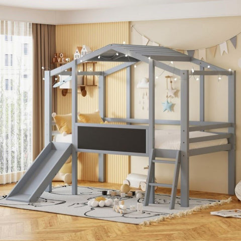 ZUN Twin Size Loft Bed with Ladder and Slide, House Bed with Blackboard and Light Strip on the Roof, WF324323AAE