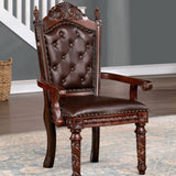 Traditional 2pcs Arm Chairs Brown Cherry Solid wood Dark Brown Leatherette Seats Tufted Back Formal B011P234704