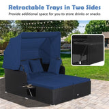 Navy Rattan Daybed Lounge W/ Retractable Top Canopy Side Tables Cushions 50299606