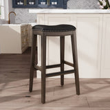 30" Bar Height Saddle Stool, Weathered Gray Finish, Black Leather Seat B046109807