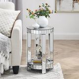 ZUN Mirror round table with crystal inlay, 2-layer modern small sofa table with storage space, silver W1005P189336