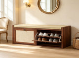 Brown Entryway Shoe Storage Bench Padded Seat with 2 Rattan Doors for Hidden Shoe Storage 65706668