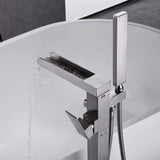 Bathroom Freestanding Waterfall Tub filler Brushed Nickel Floor Mount Faucet with Hand Shower W122453934