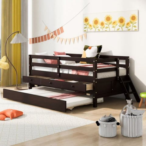 ZUN Low Loft Bed Twin Size with Full Safety Fence, Climbing ladder, Storage Drawers and Trundle Espresso WF312991AAP