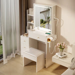 ZUN Small Space Left Bedside Cabinet Vanity Table + Cushioned Stool, 2 AC+2 USB Power Station, Hair W936140170