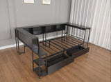 Corner Bed Frame Full Size with Bookcase and 2 Underbed Storage Drawers, Modern Twin Bed with LED W1670P357171