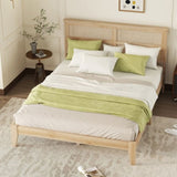 Queen Size Rubber Wooden, Solid Wooden Bed with Rattan Headboard, Enhanced by Support Feet,Oak White W504P184305