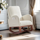 Beige, High Back Side Bag Flannelette Wood Indoor Rocking Chair, Brown Legs 01134818