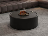 Black Round Coffee Table with Tempered Glass Top, PU Leather Body & Hidden Storage for Living Room, W3081P442392