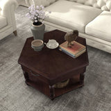 ZUN 2 Tier Retro Hexagon Living Room Solid Wood Coffee Table with Shelf & Drawer, 36'' Mid-Century W1202P164000