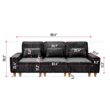 Black Deep Seat 3-Seater Corduroy Sofa with Brushed Stainless Steel Cup Holders and 3 Decorative 29601263