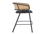 Ethan Indoor Metal Upholstered Barstool, Faux Leather Seat With Wowen Rattan Decorated Backrest, Set N775P290455B