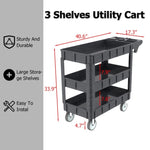 ZUN Utility Carts with Wheels, 3 Shelf Heavy Duty Plastic Service Cart 600lbs Capacity with Ergonomic 30643306