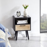 ZUN 15.75" Rattan End table with drawer and solid wood legs, Modern nightstand, side table for living W2181P201362