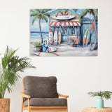 Blue Beach House Surfboard Coconut Tree Ocean Wall Art - Coastal Tropical Landscape Mural Print W3374P322225