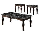 ZUN Traditional Espresso Solid wood 3pc Tables Set 1x Coffee Table and 2x End Tables Faux Marble Top B011P206780