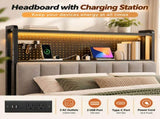 King Size Headboard with Pegboard Storage Shelf, Adjustable Upholstered Backrest, RGB LED Light 47995855