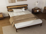 Dark walnut wood painted finish rattan and pine wood double headboard full size wooden bed, 43829429