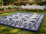 8' x 10' Waterproof Reversible Outdoor Rug Blue White Rhombus Border Plastic Straw Rug with Carry 38338232