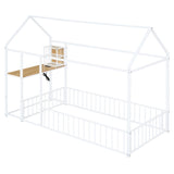 Twin Size Metal Bed House Bed Frame with Desk, Shelves, Power Outlets and USB Ports, White N737P173490K