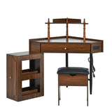 Corner Vanity Desk Set with Storage Cushioned Stool and Charging Station, Triangle Makeup Desk with 79371575