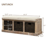 Rustic Storage Bench with 3 Removable Classic Rattan Basket , Entryway Bench with Removable Cushion 13131437