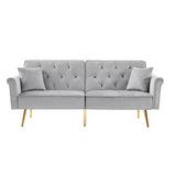 GREY Velvet Tufted Sofa Couch with 2 Pillows and Nailhead Trim W588P153426