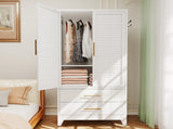 White Metal Wardrobe Closet with 2 Doors and Drawers, 71 Tall Storage Cabinet for Bedroom, T2398P480393