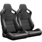2PC New Universal Bucket Racing Seats Red Stitch Red PVC Leather Reclinable Carbon Look Leather Back W1739P266854