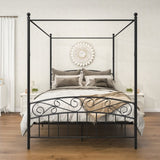 Queen Size Metal Canopy Bed Frame with Headboard and Footboard Black W84034157