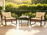 3-Piece Outdoor PE Rattan Rocking Chair Conversation Set with 2-Tier Glass Coffee Table, Heavy Duty 86551624