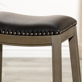 30" Bar Height Saddle Stool, Weathered Gray Finish, Black Leather Seat B046109807