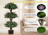 51" Artificial Boxwood Topiary Tree with 59 Flowers, Realistic Faux Evergreen Plant - Purple 34343243