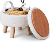 ZUN Storage Ottoman, Modern Round Footrest with Soft Padded Seat, Teddy Velvet Footstool with Wood Legs, 27446847